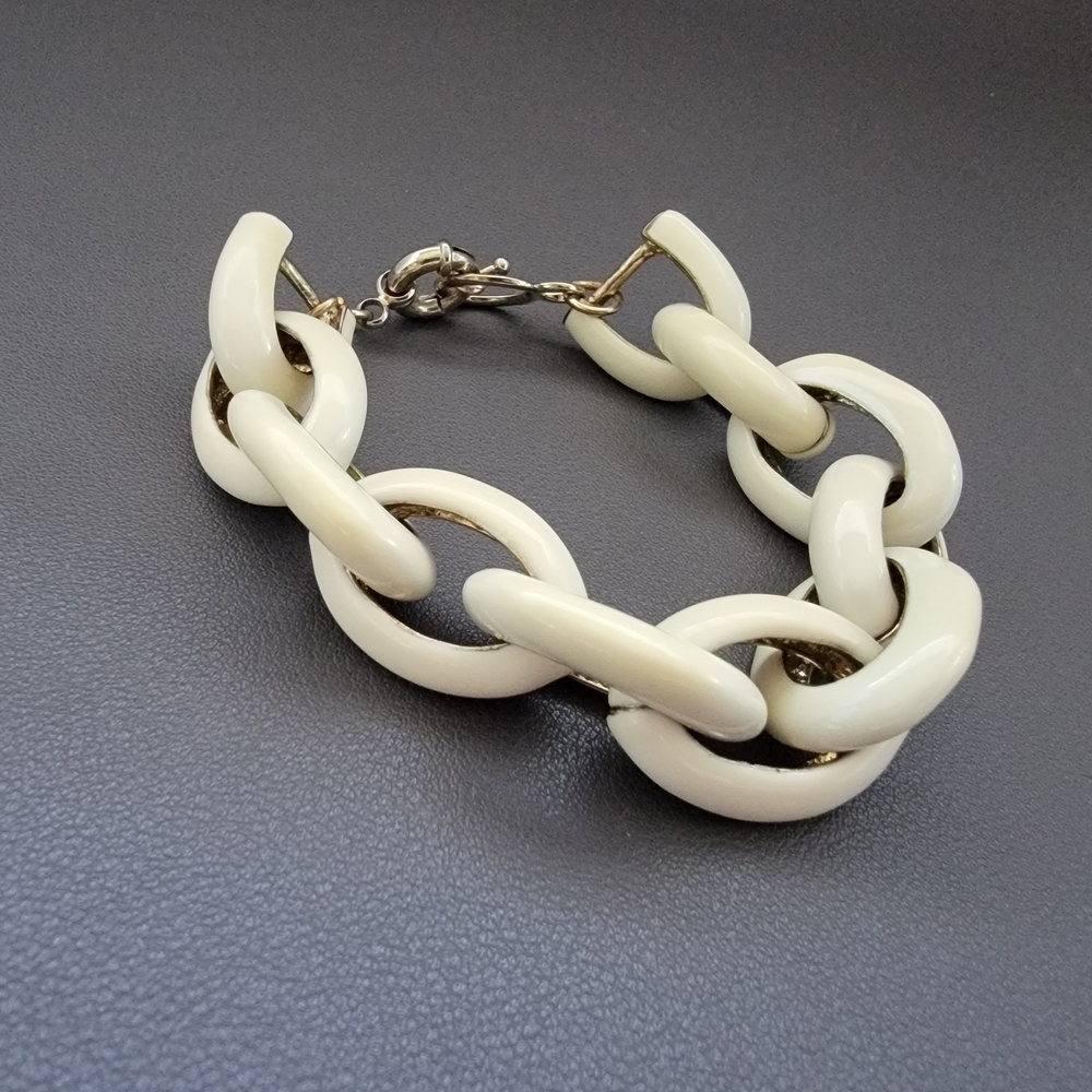 Vintage Cream Enamel Chain Link Bracelet – Chunky Statement Bracelet - Picture 4 of 5